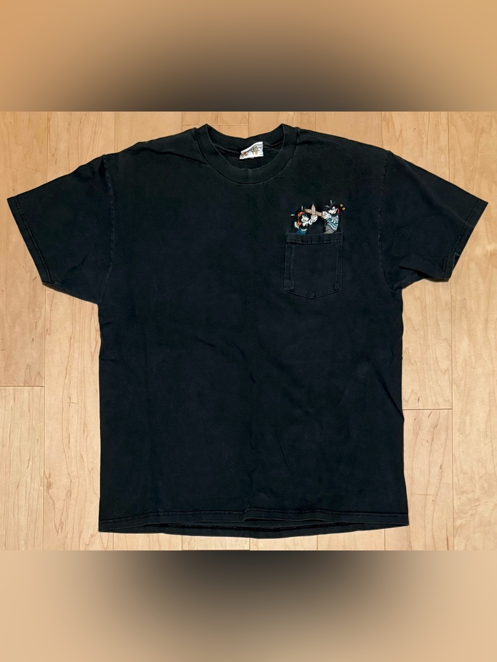 Vintage Disney Pirate Mickey Mouse Goofy Pocket T-Shirt Black Made in USA XL